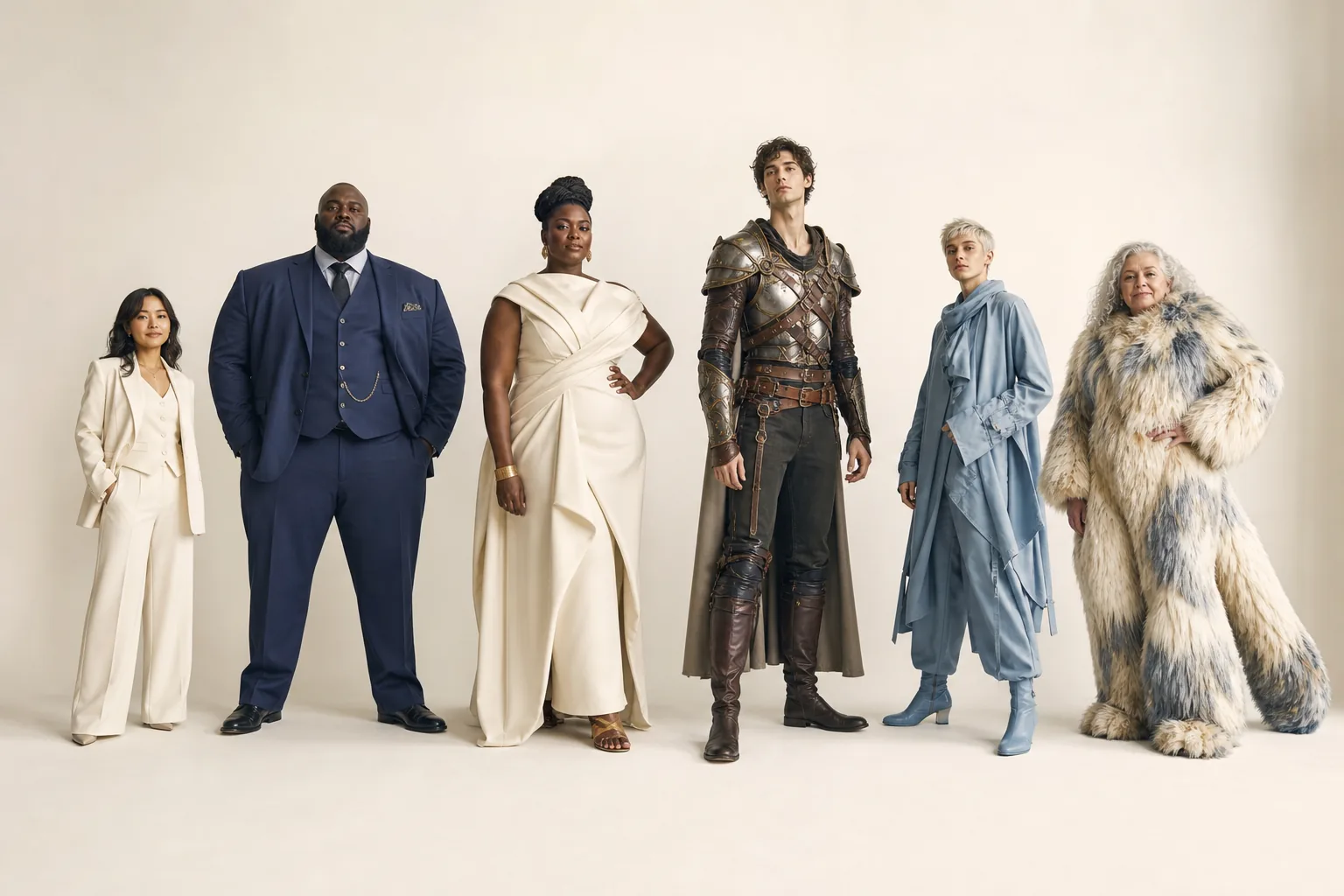 Six full-body silhouettes with distinctly different proportions wearing custom-made pieces
