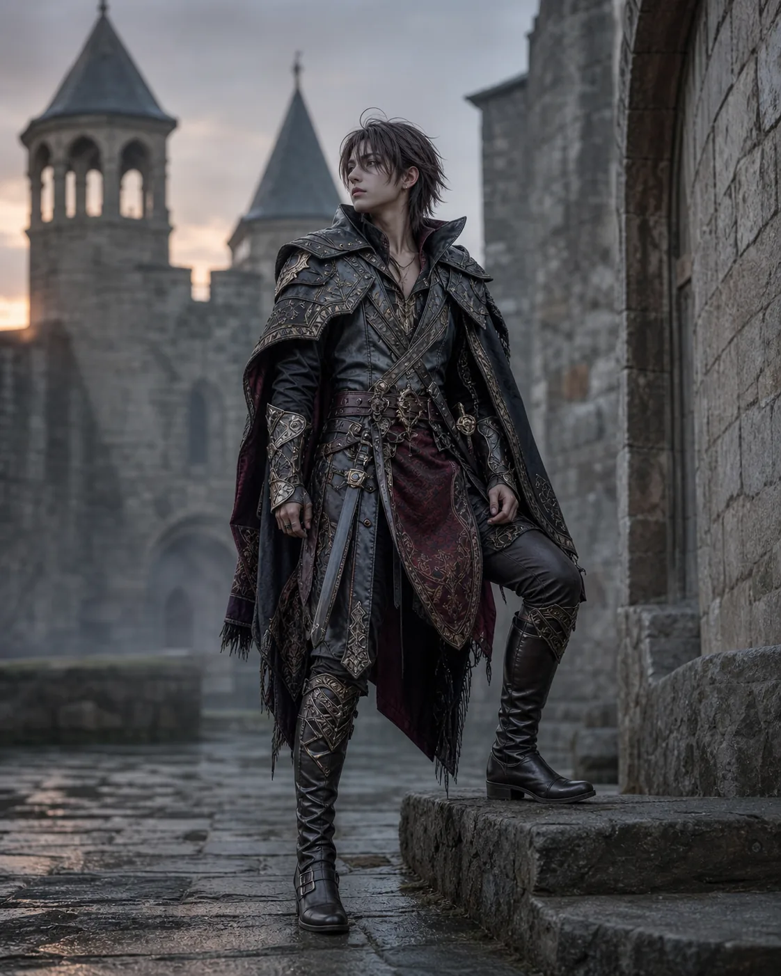 Androgynous person in detailed fantasy armour in a stone courtyard