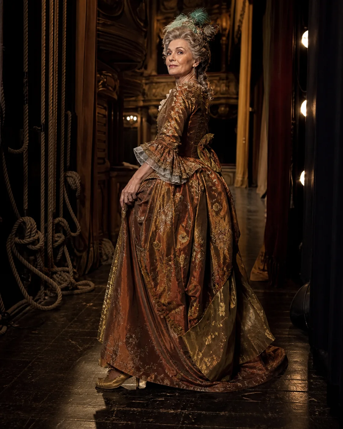 Older performer in a handmade historical costume backstage