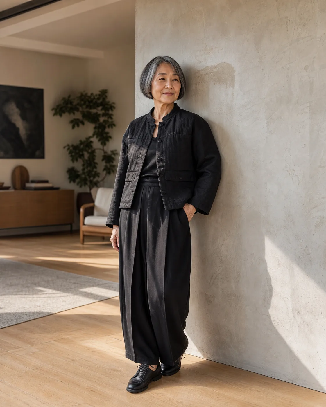 Older woman in a handmade everyday jacket in a sunlit apartment
