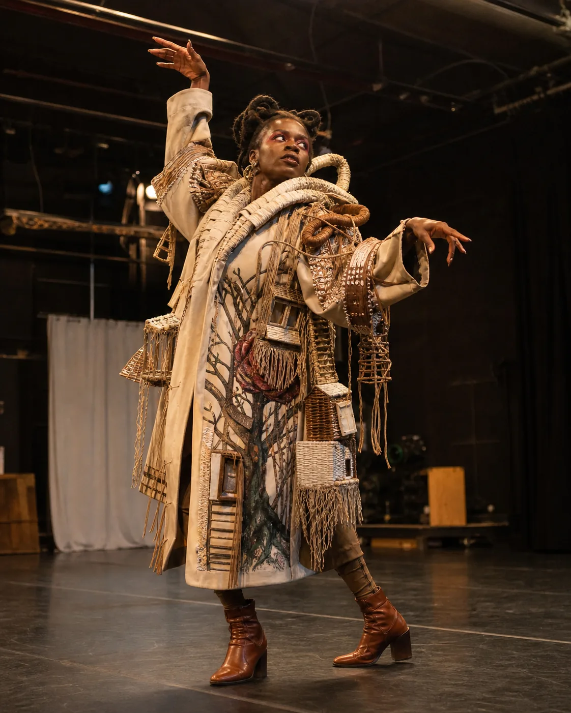 Stage performer posing in a sculptural handmade costume