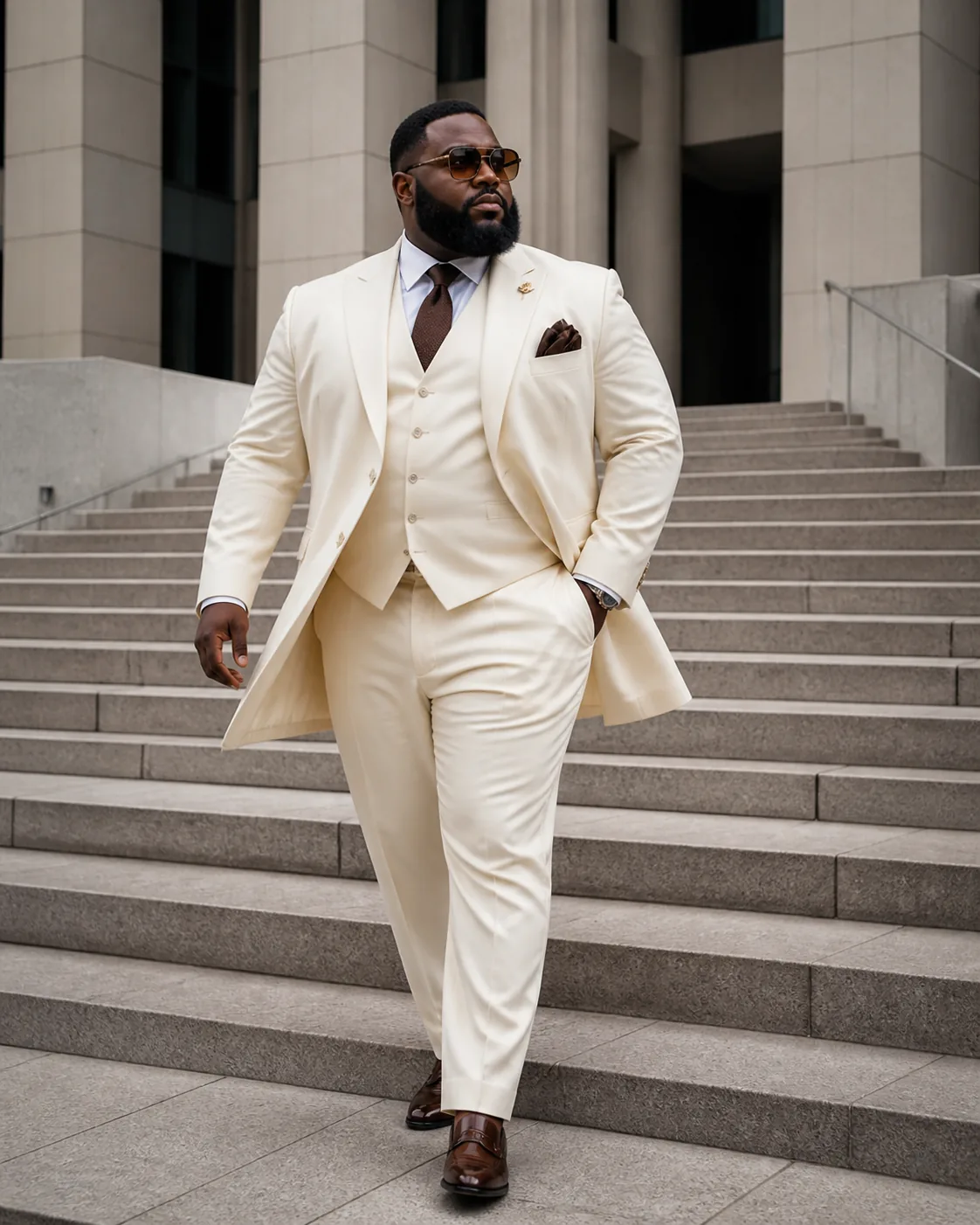 Broad man in cream bespoke tailoring walking down architectural steps